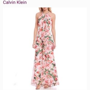 CALVIN KLEIN Floral Maxi Dress Silver Beaded Halter High Neck Formal